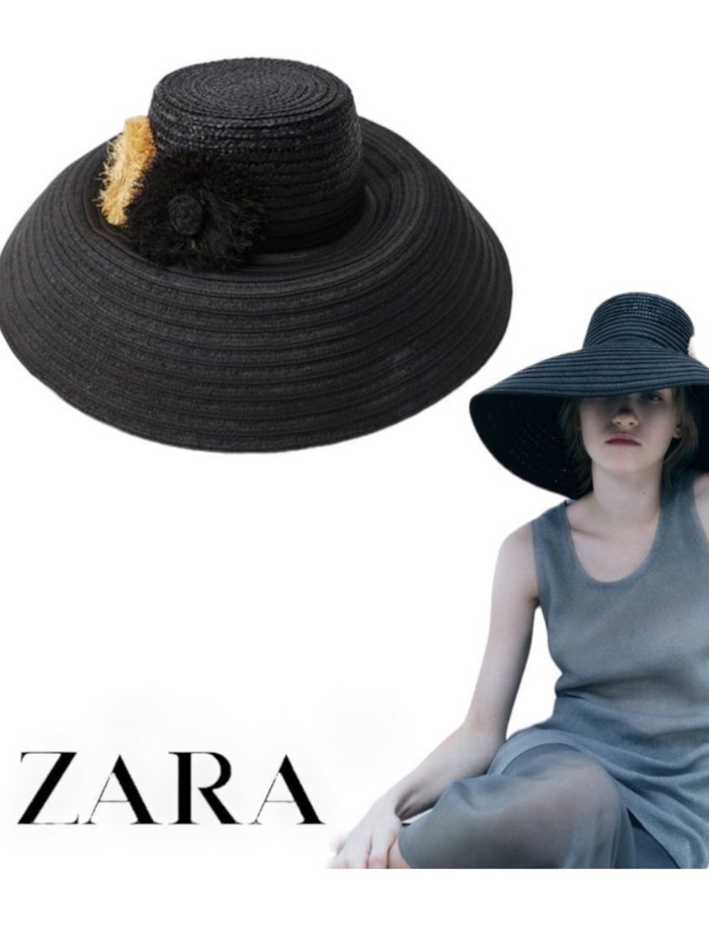ZARA Black Wide-Brim Straw Hat